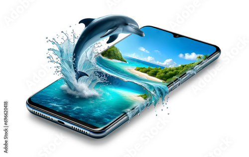 Scène surréaliste : Dauphin en mer qui saute et sort d'un téléphone - PNG Transparent