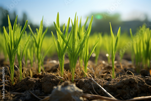 Sprouting wheat fields in early spring, a vibrant and promising sight symbolizing the cycle of growth and renewal in agriculture. Generative Ai.