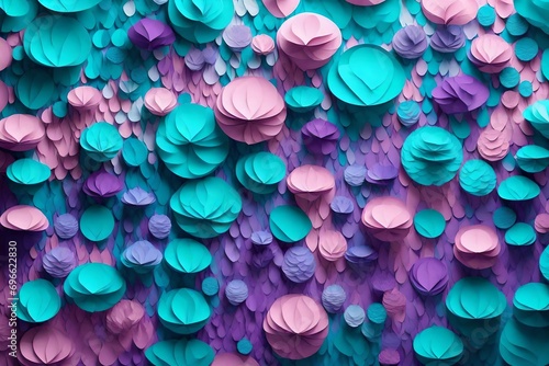 Very colorful beautiful textured 3D background from many layers of colored paper. Cheerful pastel colors of turquoise blue and purple. AI generated.
