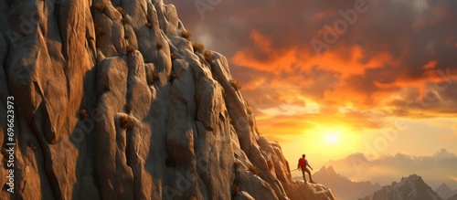 a climber climbs a rock cliff at sunset