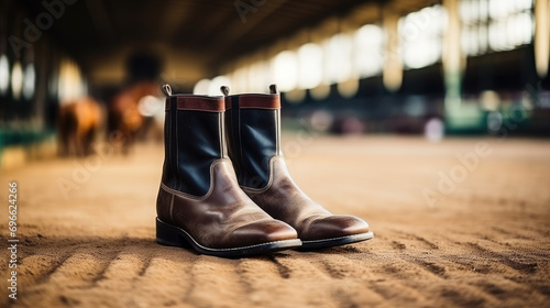 leather boots for equestrian sports on the background of a stable, arena, hippodrome, horse, farm, clothing, accessory, jockey, rider, handmade, village, countryside