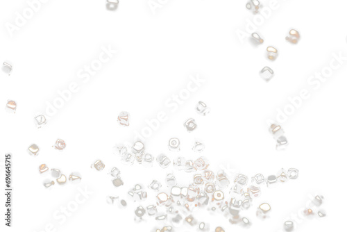 Fashion Silver gold bead cube with beautiful work detail is value. Luxury silver copper metal bead sequin is fashion trend and fly in air. Black background isolated selective focus blur