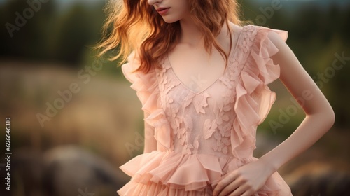 Closeup of a lightweight Peach Fuzz s with cascading ruffles and a crochet lace bodice, ideal for a breezy summer day.