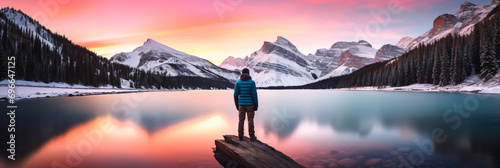 Adventurer person admiring the beauty of sunset reflected in lake in Banff National Park, Canada.
