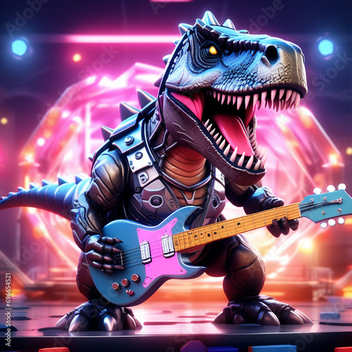 Tyrannosaurus rex is playing an electric guitar on a metal rock concert stage. 3D illustration of fantasy fiction art T-Rex Dinosaur