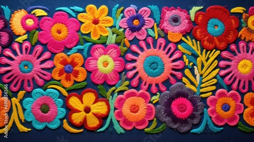An embroidered wall hanging, with slightly uneven stitches but bursting with color and unique designs.