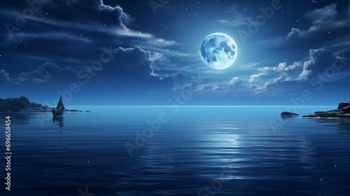 Full moon reflecting on the calm surface of the sea during the night.