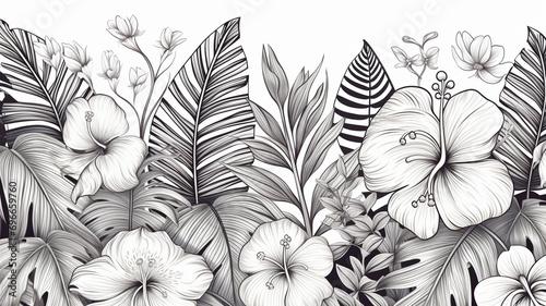 Botanical seamless pattern black and white tropical decoration