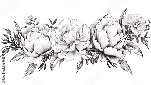 Elegant frame of flowers black and white. Beautiful illustration ornament
