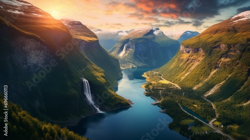 Splendid summer sunset evening view of famous Seven Sisters waterfalls. Beauty of nature concept background.