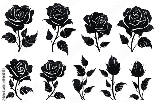 Rose flower Silhouettes set, Rose flowers Collection, Silhouettes of roses, Flower silhoutte. Vector illustration 