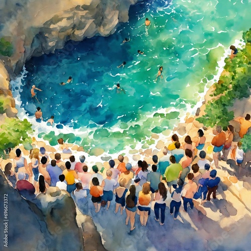 watercolor painting, simple watercolor, basic watercolor painting, vivid colors, bright colors, view from directly above of large body of water, big hole in a lake full of humans, waterfalls surroundi