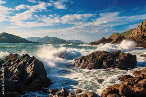 Seascape with waves crashing against the rocks on a sunny day, A Rocky Beach landscape view with rough sea waves and beautiful sky, AI Generated