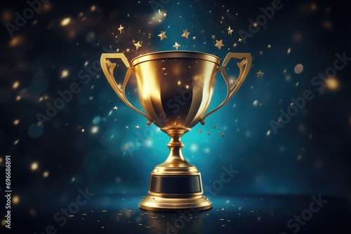 Golden trophy cup on a blue background with stars and bokeh, Champion golden trophy with gold stars on a dark blue background, AI Generated