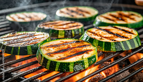 Close-up shot of grilled zucchini sizzling on the grill