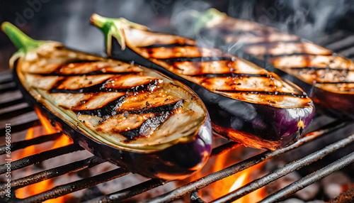 Close-up shot of grilled eggplant sizzling on the grill