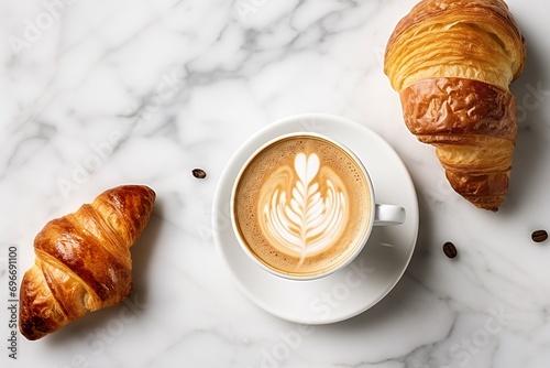 Cup of cappuccino and croissant, AI generated