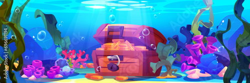 Old treasure chest with money on sea bottom. Vector cartoon illustration of ancient wooden box of golden coins, seaweeds, pearl shell, coral reef, air bubbles under water, adventure game background