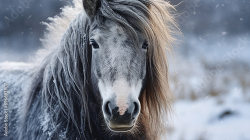 fluffy dappled grey andalusian horse in winter with frozen nostrils and wiskers, close up portrait