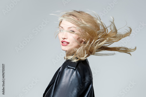 woman with flying hair