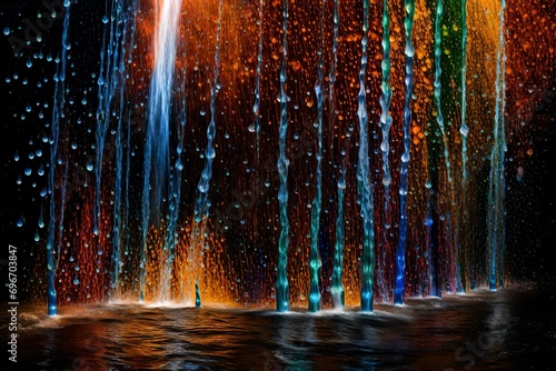 Prismatic Plunge: Waterfall droplets catching the light in a prismatic display, creating a vibrant and colorful spectacle