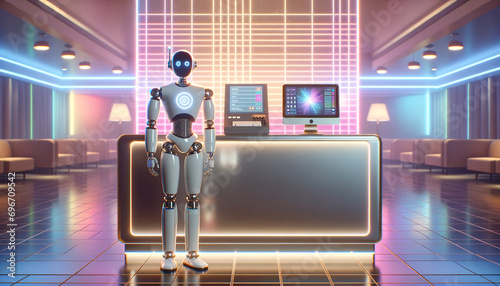 Futuristic AI Robot Concierge at Retro Hotel Check-In Desk