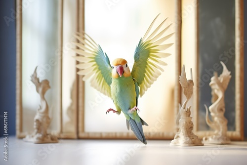 parakeet flapping wings in front of tall mirror