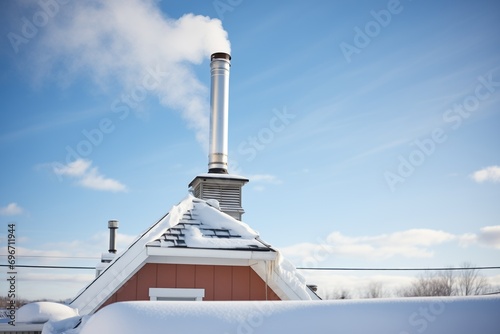 metal chimney exhaling steam on flat snowy roof