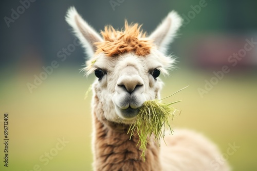 alpaca with mouth full of grass
