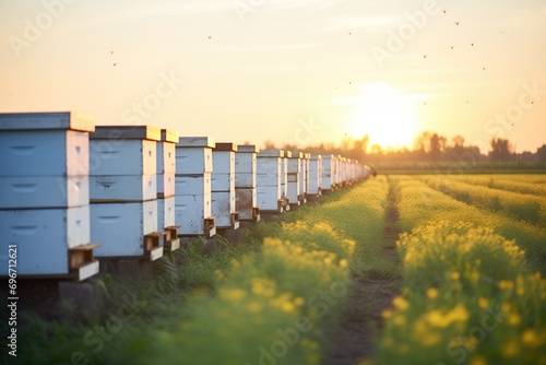 line of hives with bees and sunset in countryside