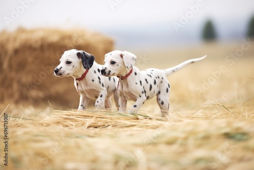 dalmatian puppies romping near haystacks