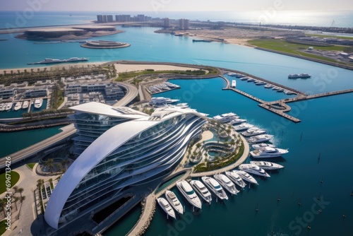 Aerial view of Dubai Marina, United Arab Emirates. Dubai is the fastest growing city in the world, Aerial photo, Yas Island Marina, Abu Dhabi, featuring yachts and the Formula, AI Generated
