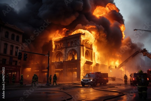Firefighters fighting a fire in the city of Lviv, Ukraine, American large building on fire, and firefighters are trying to halt the fire, AI Generated