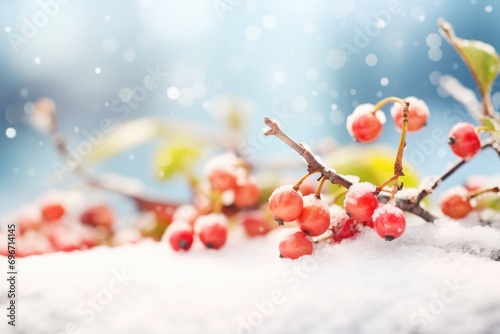 lingonberries in the snow, with visible ice particles
