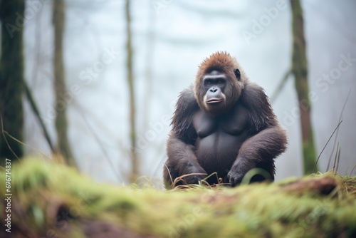 a lone gorilla sitting solemnly in a foggy forest glade