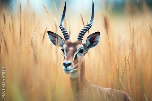 solo impala with spiral horns amid tall grass