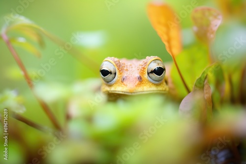 newt peeking out of pond vegetation