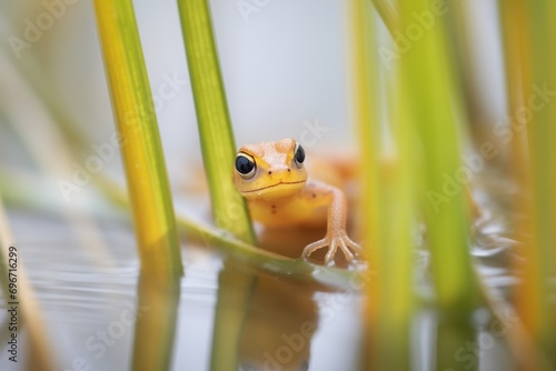close-up of a single newt against pond reeds