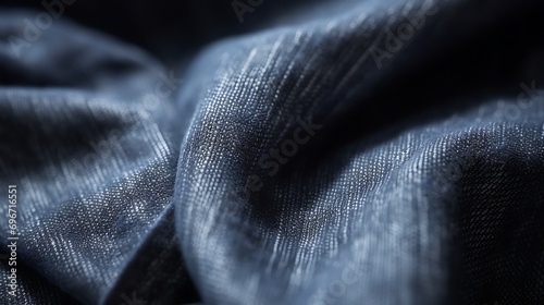 Side view, close up of a textured featuring blue denim jeans with distinctive creases. fabric texture samples background.