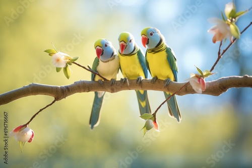 trio of parakeets on a sunlit branch