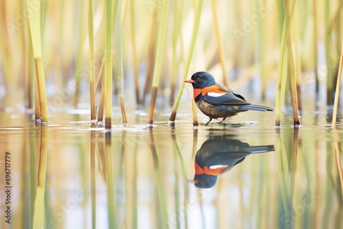 reflective water with blackbird in reeds