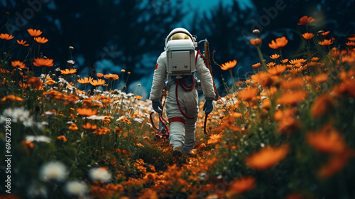 An astronaut strolls through a field full of flowers