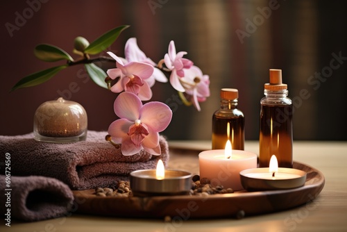 Spa still life with orchids, candles and towels on wooden table, Aromatherapy massage ambiance or spa salon composition setup, AI Generated