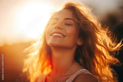 Close up portrait of a beautiful young woman with curly hair smiling outdoors, Backlit Portrait of calm happy smiling free woman with closed eyes enjoys a beautiful moment, AI Generated
