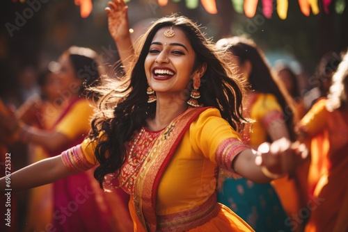 Beautiful indian girl in sari dancing at the street, Beautiful Indian women wearing vivid colorful clothes singing and dancing during the Teej festival, AI Generated