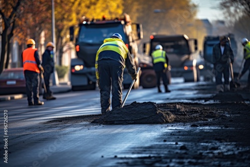 Workers on road construction site. Workers are laying new asphalt, Asphalt contractors working on road, Engineers are working on road construction, AI Generated