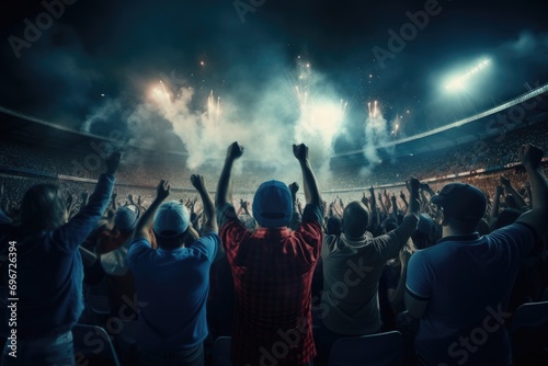 Cheering crowd at a live music concert in front of the stage, Rear view of cheering football fans in stadium, AI Generated