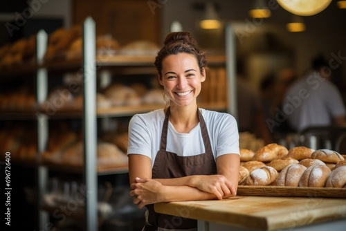 Portrait of smiling female staff standing with arms crossed in bakery shop, baker woman smiling in bakery shop with breads, AI Generated