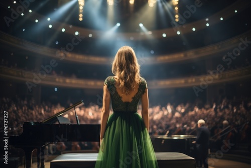 Female pianist in a green dress standing in front of the concert hall, Back view of a girl in a green evening dress set against the backdrop of a concert hall, AI Generated