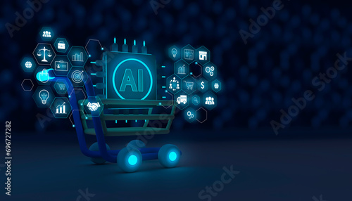Marketing concept with the use of artificial intelligence, AI business development system. Shopping cart with AI chip and marketing icons. Shopping cart with depth of field and space for text